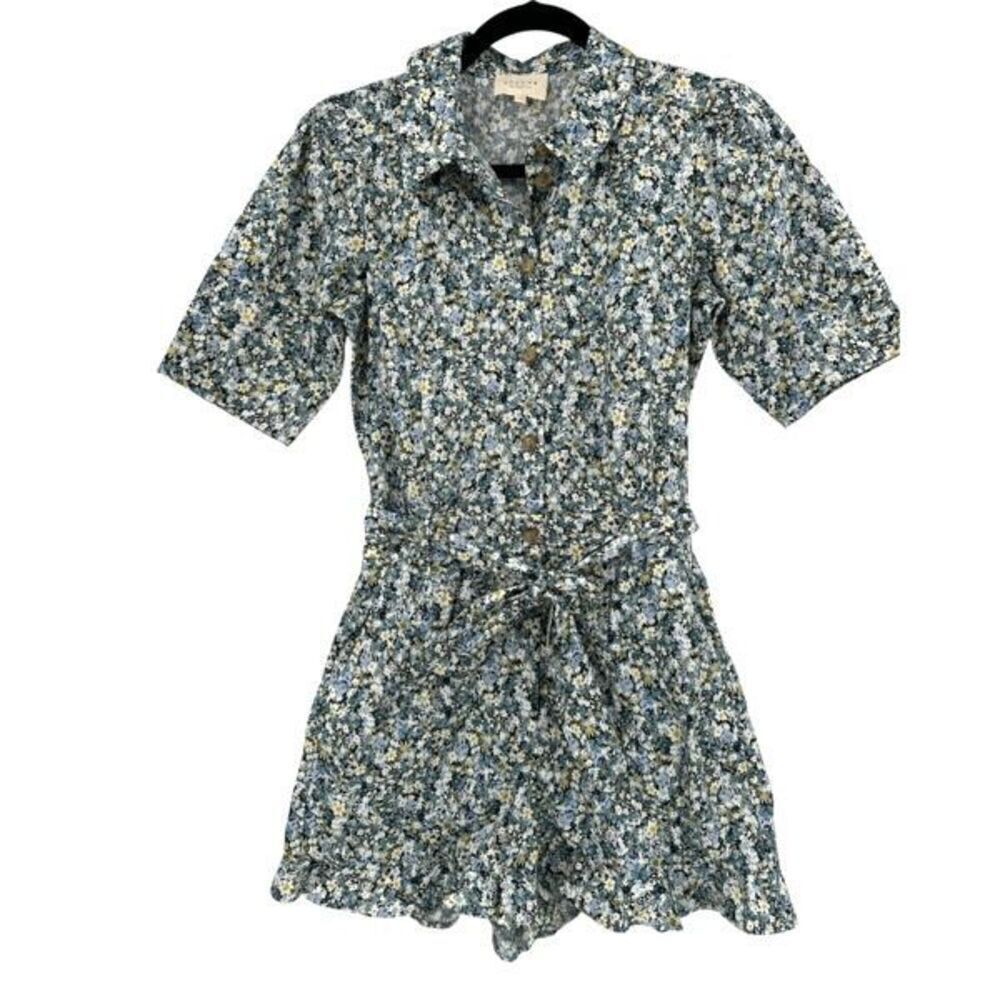 Sezane Green Floral Elise Collared Tie Waist Cotton Romper Size 34 /2